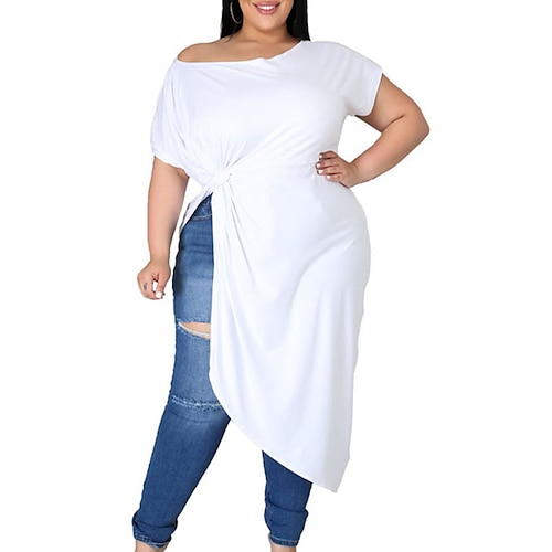 

Women's Plus Size Tops Blouse Shirt Plain Ruched Asymmetric Short Sleeve Crewneck Streetwear Going out Weekend Polyester Spring Summer White Yellow