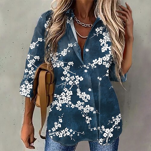 

Women's Blouse Floral Daily Weekend Floral Blouse Shirt Long Sleeve Button Print Shirt Collar Casual Streetwear Green Blue Pink S / 3D Print