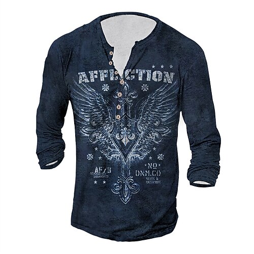 

Men's Henley Shirt T shirt Tee 3D Print Graphic Patterned Henley Street Daily Button-Down Print Long Sleeve Tops Casual Fashion Comfortable Navy Blue