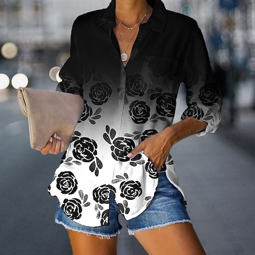 

Women's Blouse Floral Color Gradient Holiday Weekend Floral Blouse Shirt Long Sleeve Button Print Standing Collar Casual Streetwear White Blue Pink S / 3D Print