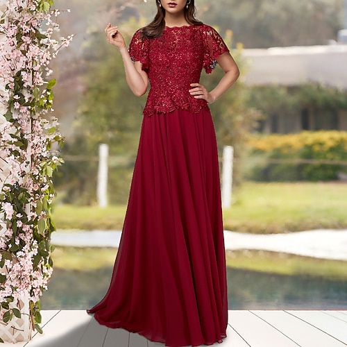 

A-Line Mother of the Bride Dress Plus Size Elegant Jewel Neck Floor Length Chiffon Lace Short Sleeve with Beading Appliques 2022