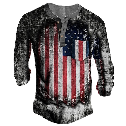 

Men's Henley Shirt Tee T shirt Tee 3D Print Graphic Patterned National Flag Henley Daily Sports Button-Down Print Long Sleeve Tops Designer Basic Casual Classic Gray