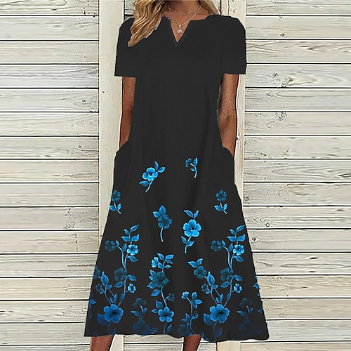 

Women's A Line Dress Midi Dress Navy Blue Short Sleeve Floral Pocket Print Spring Summer V Neck Casual Vacation 2022 S M L XL XXL 3XL