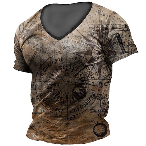 

Men's T shirt Tee 3D Print Graphic Patterned Compass V Neck Street Casual Zipper Print Short Sleeve Tops Designer Fashion Classic Comfortable Brown / Summer