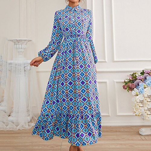 

Women's A Line Dress Maxi long Dress Dark Blue Long Sleeve Geometric Print Fall Spring Shirt Collar Elegant Vintage 2022 S M L XL