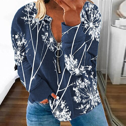 

Women's Plus Size Tops Pullover Sweatshirt Floral Zipper Print Long Sleeve Round Neck Streetwear Daily Vacation Polyester Fall Spring Green Blue