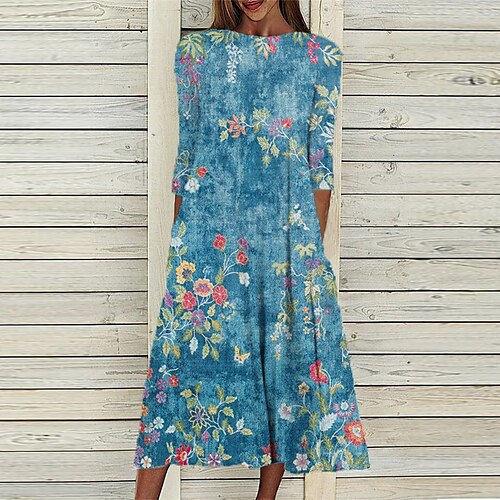 

Women's Shift Dress Midi Dress Green Blue Purple 3/4 Length Sleeve Floral Ruched Print Fall Spring Round Neck Casual Vacation 2022 S M L XL XXL 3XL