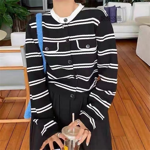 

Women's Cardigan Sweater Jumper Ribbed Knit Cropped Knitted Button Striped Crew Neck Stylish Casual Daily Holiday Fall Winter White Black One-Size / Long Sleeve / Regular Fit / Going out