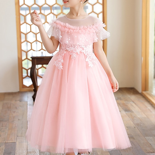 

Party Event / Party Princess Flower Girl Dresses Jewel Neck Ankle Length Tulle Spring Summer with Faux Pearl Appliques Cute Girls' Party Dress Fit 3-16 Years