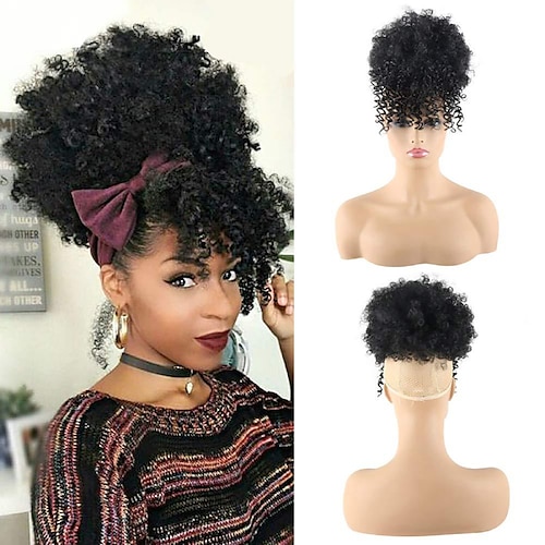 

Wig Afro High Puff Hair Bun Drawstring Ponytail With Bangs Short Kinky Curly Pineapple Pony Tail Clip in on Wrap Updo Ponytail Extensions for Black Women