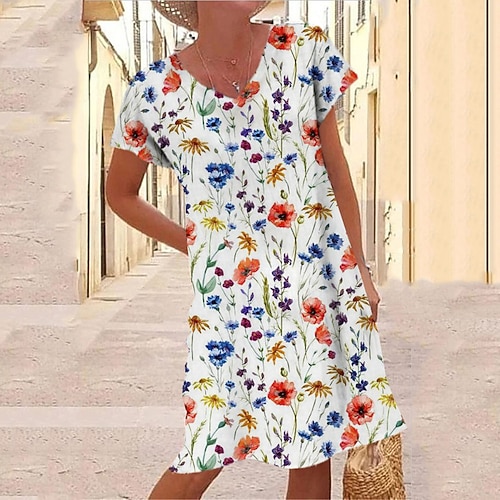 

Women's Shift Dress Knee Length Dress White Short Sleeve Floral Print Spring Summer V Neck Casual Vacation 2022 S M L XL XXL 3XL
