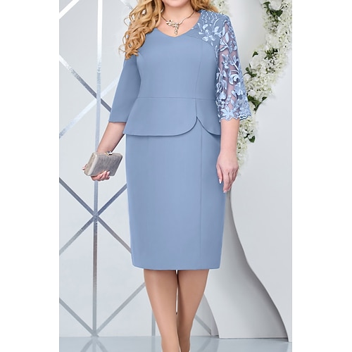 

Women's Plus Size Party Dress Solid Color Crew Neck Mesh 3/4 Length Sleeve Winter Fall Elegant Midi Dress Formal Party Dress