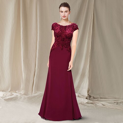 

A-Line Mother of the Bride Dress Elegant Jewel Neck Sweep / Brush Train Chiffon Lace Short Sleeve with Appliques 2022