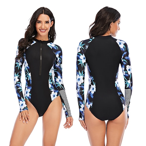 

Women's Rash Guard One Piece Swimsuit UV Sun Protection UPF50 Breathable Long Sleeve Bodysuit Bathing Suit Front Zip Swimming Surfing Beach Water Sports Floral Autumn / Fall Spring Summer / Stretchy