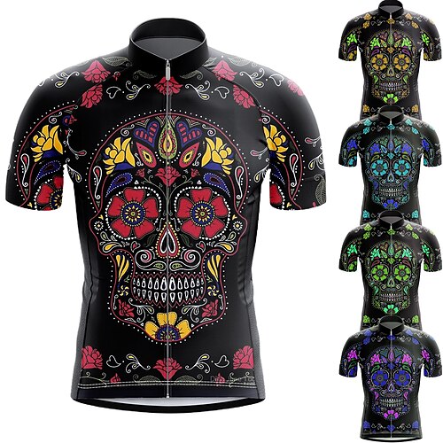 

21Grams Men's Cycling Jersey Short Sleeve Bike Top with 3 Rear Pockets Mountain Bike MTB Road Bike Cycling Breathable Quick Dry Moisture Wicking Reflective Strips Black Green Purple Skull Polyester