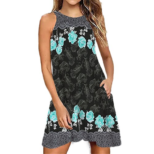 

Women's Shift Dress Short Mini Dress Green Blue Purple Red Light Blue Sleeveless Floral Pocket Print Spring Summer Halter Neck Casual Vacation 2022 S M L XL XXL 3XL