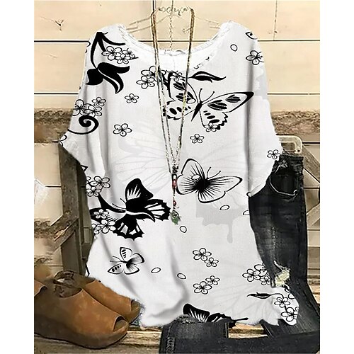 

Women's Plus Size Tops Blouse Shirt Floral Butterfly Print Half Sleeve Crewneck Streetwear Daily Sports Cotton Spandex Jersey Spring Summer White