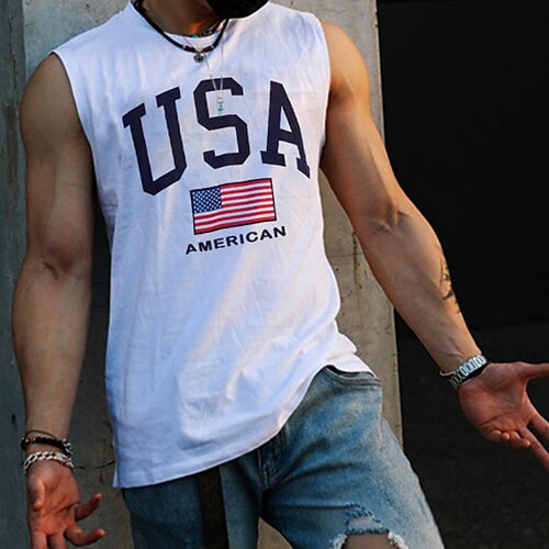 

Men's Tank Top Vest Hot Stamping Graphic Patterned American Flag Letter Crew Neck Street Casual Print Sleeveless Tops Basic Fashion Classic Comfortable White / Summer