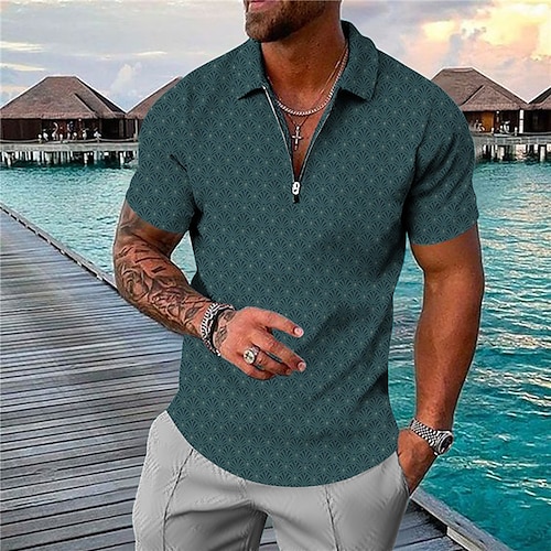 

Men's Collar Polo Shirt Golf Shirt Geometry Turndown Green 3D Print Outdoor Street Short Sleeves Zipper Print Clothing Apparel Fashion Designer Casual Breathable / Summer / Spring / Summer