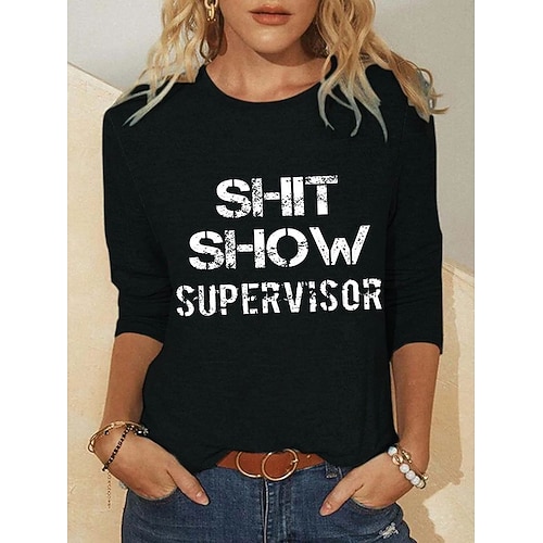 

Women's Blouse Basic Letter Basic Round Neck Regular Fall Green Blue Dark Pink Grey Black