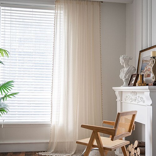 

1 Panel Boho Style Windows Sheer Curtains Crochet Vintage Cotton Tassel Window Curtains Panels for Bedroom Living Room