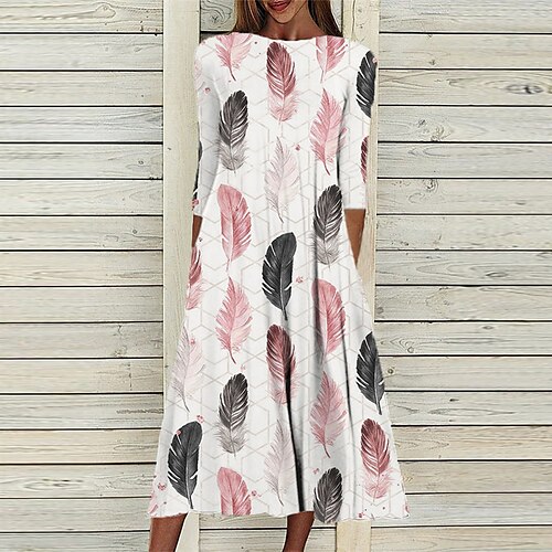 

Women's Shift Dress Midi Dress Blue Pink 3/4 Length Sleeve Print Ruched Print Fall Spring Round Neck Casual Vacation 2022 S M L XL XXL 3XL