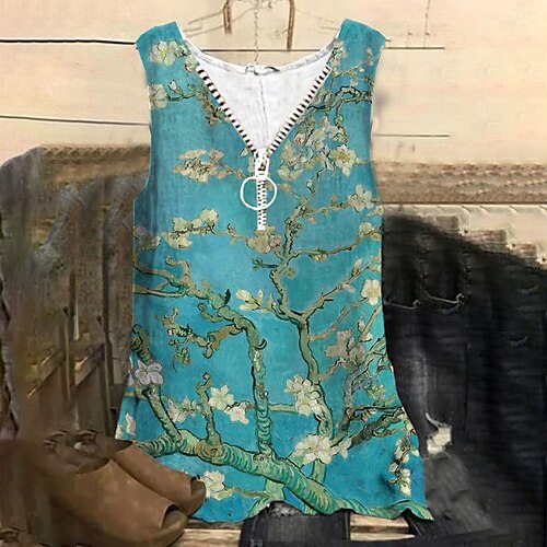 

Women's Plus Size Tops Tank Top Floral Zipper Print Sleeveless V Neck Streetwear Daily Holiday Cotton Spandex Jersey Spring Summer Blue