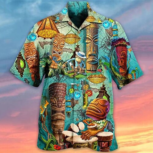 

Men's Shirt 3D Print Graphic Patterned Tribal Turndown Street Daily 3D Button-Down Short Sleeve Tops Casual Fashion Breathable Comfortable Blue-Green