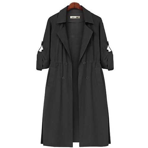 

Women's Plus Size Trench Coat Pocket Plain Causal Vacation Long Sleeve Turndown Long Fall Spring Green Black Khaki L XL XXL 3XL 4XL
