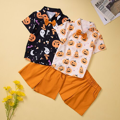 

2 Pieces Kids Boys Halloween Shirt & Shorts Clothing Set Outfit Pumpkin Short Sleeve Print Cotton Set Outdoor Casual Fall 1-5 Years Black White