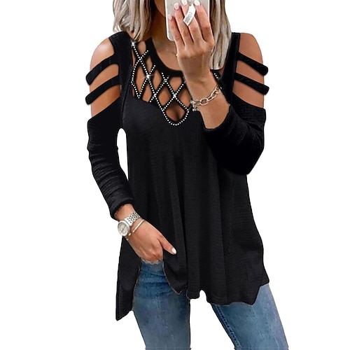 

Women's Shirt Going Out Tops Blouse Tunic Cotton Plain Cold Shoulder Black Wine Army Green Cut Out Flowing tunic Rhinestone Long Sleeve Daily Weekend Streetwear Casual Round Neck Regular Fit Spring
