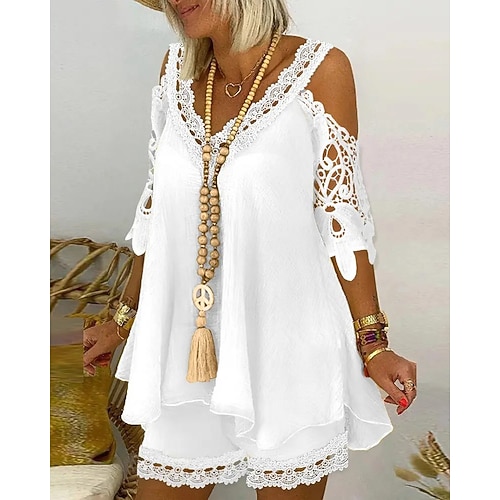 

Women's Shirt Plain Daily Weekend Shirt 3/4 Length Sleeve Lace Flowing tunic V Neck Casual Streetwear White Black Yellow S