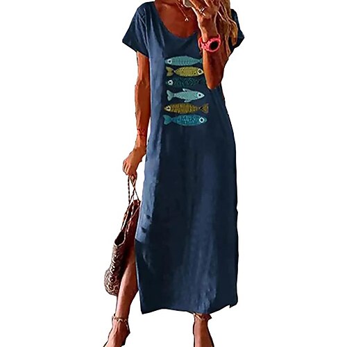 

Women's Casual Dress Shift Dress Long Dress Maxi Dress Blue Short Sleeve Animal Split Spring Summer V Neck 2022 S M L XL XXL 3XL