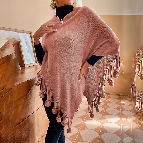 

Women's Poncho Sweater Jumper Ribbed Knit Tassel Knitted Pure Color Crew Neck Stylish Casual Daily Holiday Winter Fall Blue Pink S M L / Long Sleeve / Regular Fit / Going out