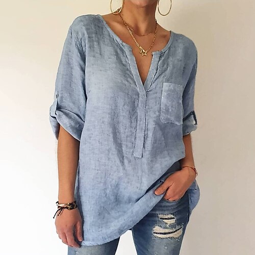 

Women's Blouse Plain Daily Weekend Blouse Shirt Long Sleeve Pocket Button V Neck Casual Streetwear Gray S