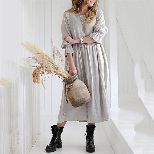 

Women's Shift Dress Midi Dress Green Gray 3/4 Length Sleeve Pure Color Ruched Fall Spring Round Neck Casual Classic 2022 M L XL XXL 3XL