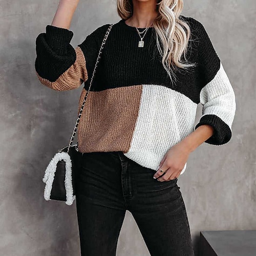 

Pull Maille Femme A côtes Tricoter Tunique Patchwork Tricoté Bloc de couleur Col Ras du Cou à la mode Casual Extérieur du quotidien manche longue Automne Printemps Vert Bleu S M L / Standard / Sortie
