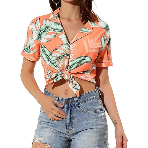 

Women's Blouse Floral Daily Weekend Floral Blouse Shirt Short Sleeve Button Print Shirt Collar Casual Streetwear Green Pink Orange S / 3D Print