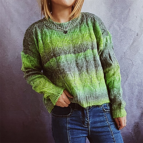 

Women's Sweater Jumper Crochet Knit Knitted Color Gradient Crew Neck Stylish Casual Daily Going out Fall Winter Green Blue S M L / Long Sleeve