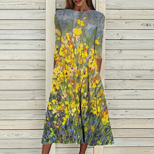 

Women's Shift Dress Midi Dress Green Blue Gray 3/4 Length Sleeve Floral Ruched Print Fall Spring Round Neck Casual Vacation 2022 S M L XL XXL 3XL