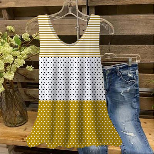 

Women's Plus Size Tops Tank Top Polka Dot Striped Print Sleeveless V Neck Streetwear Daily Holiday Cotton Spandex Jersey Spring Summer Pink Yellow