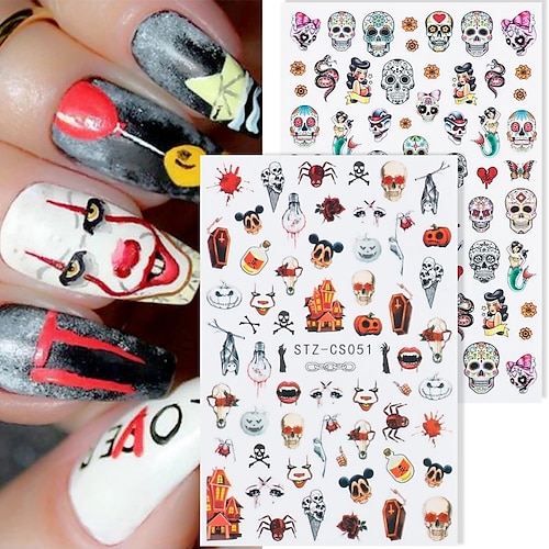 

10 pcs Halloween Nail Art Sticker Skull Bone Clown Pumpkin Sliders Snake Anime Cartoon Spider Decals Manicure Decor SASTZCS050-057