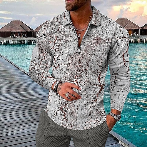 

Men's Collar Polo Shirt Golf Shirt Crack Turndown Gray 3D Print Outdoor Street Long Sleeve Zipper Print Clothing Apparel Fashion Designer Casual Breathable / Summer / Spring / Summer