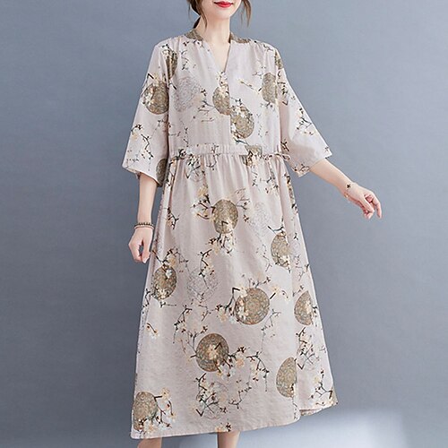 

Women's A Line Dress Midi Dress Khaki 3/4 Length Sleeve Floral Print Fall Spring V Neck Elegant Vintage 2022 S M L XL