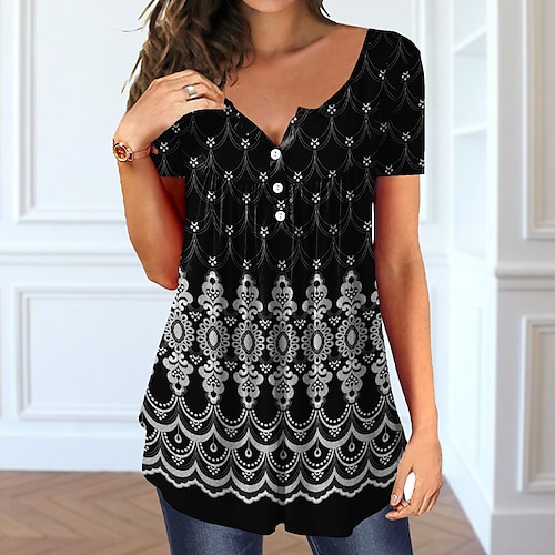 

Women's T shirt Tee Graphic Patterned Casual Weekend Painting T shirt Tee Short Sleeve Button Print V Neck Basic Essential Green Black Blue S / 3D Print