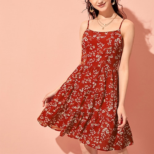 

Women's A Line Dress Short Mini Dress Red Sleeveless Floral Print Print Spring Summer Spaghetti Strap Casual 2022 S M L XL