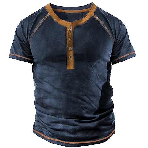 

Men's Henley Shirt T shirt Tee Patchwork Henley Street Casual Patchwork Button-Down Short Sleeve Tops Basic Classic Comfortable Big and Tall Navy Blue / Summer