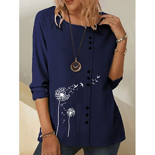 

Women's T shirt Tee Dandelion Holiday Weekend Floral Painting T shirt Tee Long Sleeve Button Print Round Neck Basic Essential Blue Navy Blue Beige S / 3D Print