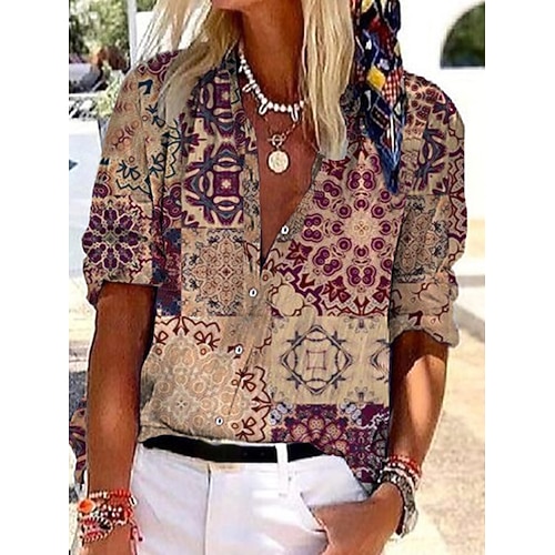 

Women's Blouse Graphic Patterned Holiday Weekend Blouse Shirt 3/4 Length Sleeve Print V Neck Casual Streetwear Purple S / 3D Print
