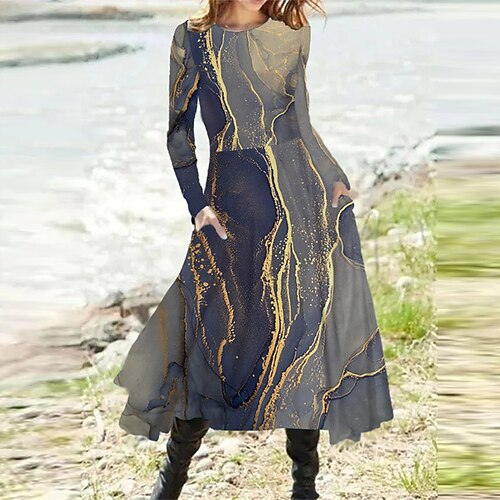 

Robe mi-longue Femme Robe casual manche longue Hiver Automne - Vacances Casual Poche Imprimer Dégradé de Couleur Impression de marbre Col Ras du Cou robe hiver robe automne 2023 Bleu S M L XL XXL 3XL